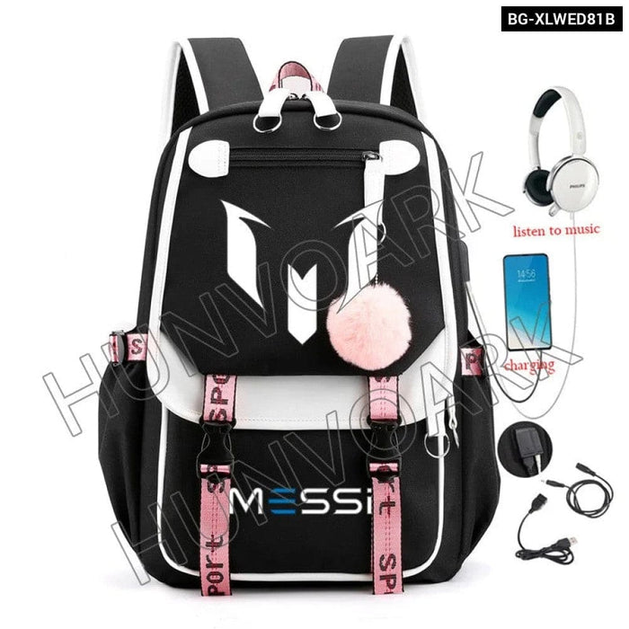 Unisex Messi Usb Charging Laptop School Bag for High Kids