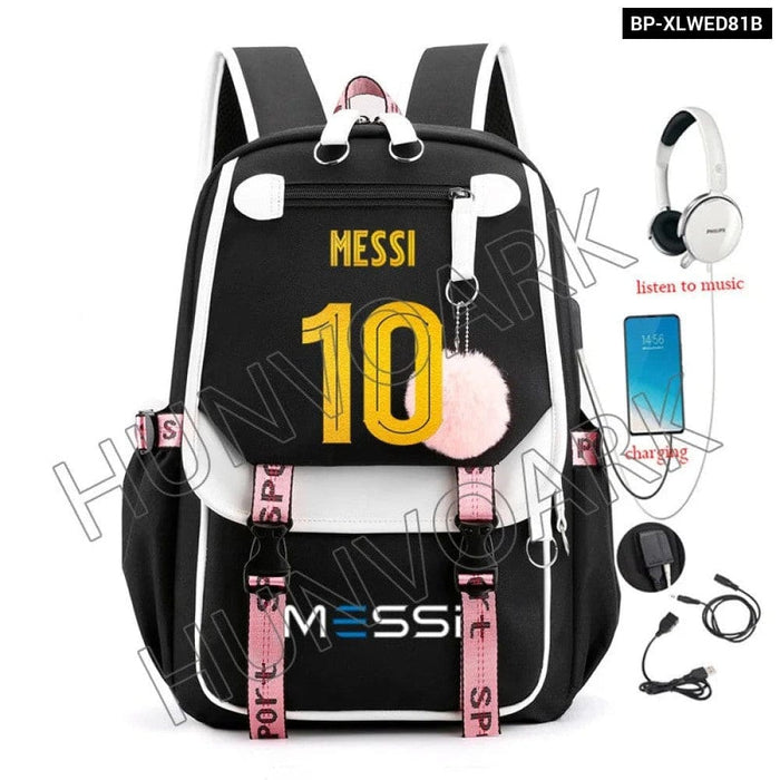 Unisex Messi Usb Charging Laptop School Bag for High Kids