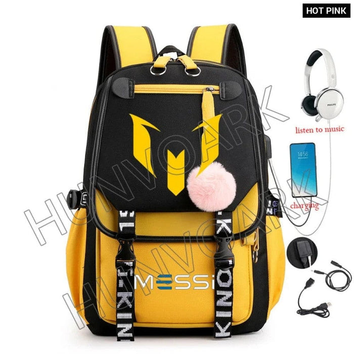 Unisex Messi Usb Charging Laptop School Bag for High Kids