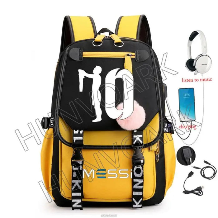 Unisex Messi Usb Charging Laptop School Bag for High Kids