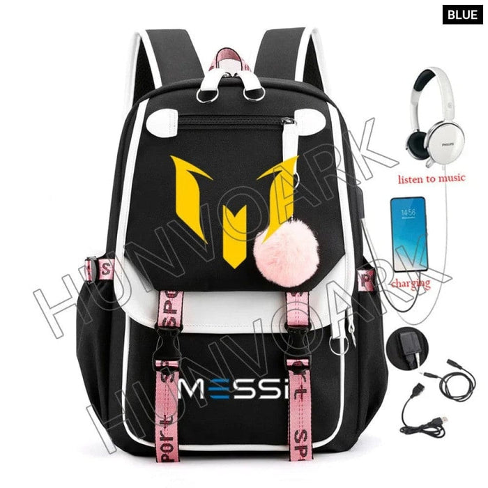 Unisex Messi Usb Charging Laptop School Bag for High Kids