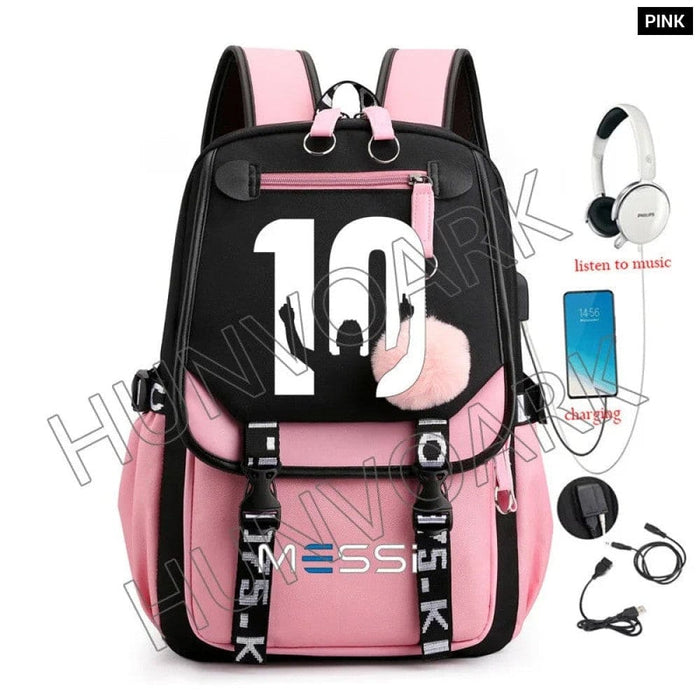 Unisex Messi Usb Charging Laptop School Bag for High Kids