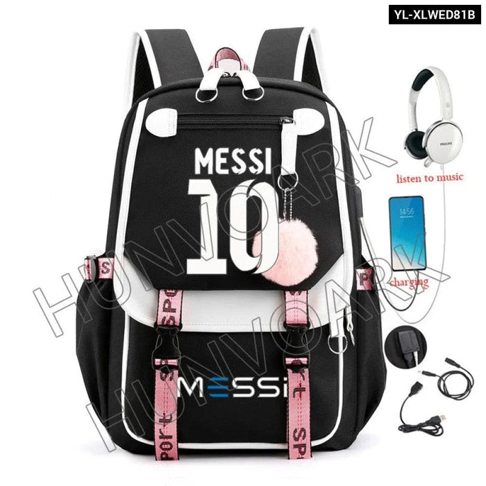 Unisex Messi Usb Charging Laptop School Bag for High Kids