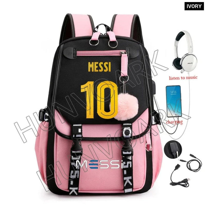 Unisex Messi Usb Charging Laptop School Bag for High Kids