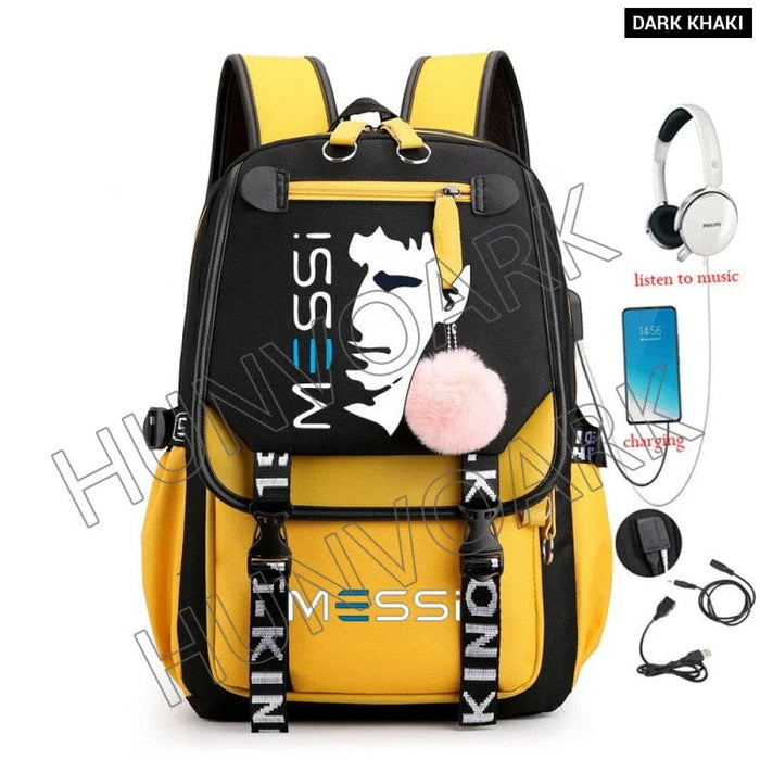 Unisex Messi Usb Charging Laptop School Bag for High Kids