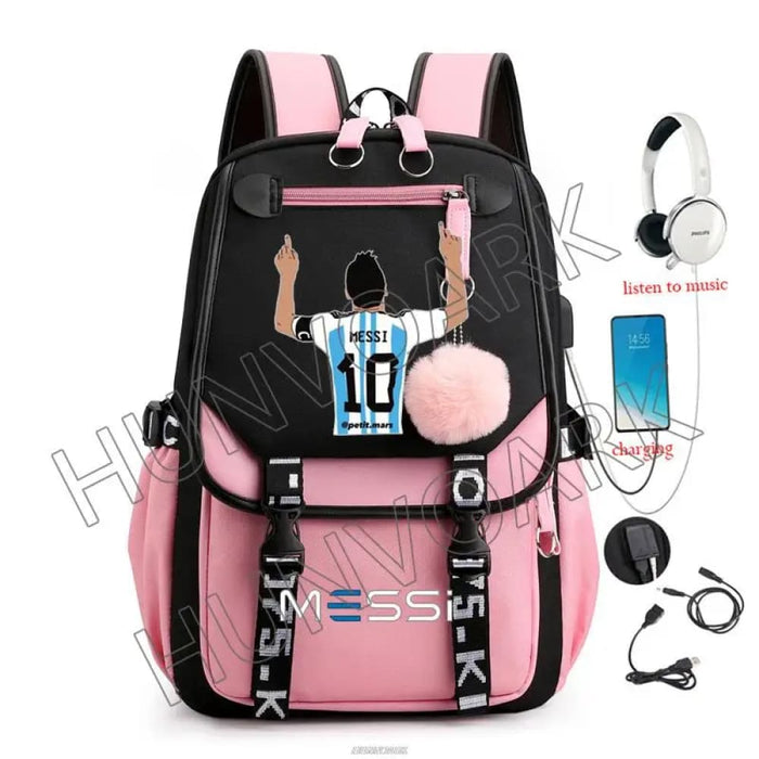 Unisex Messi Usb Charging Laptop School Bag for High Kids