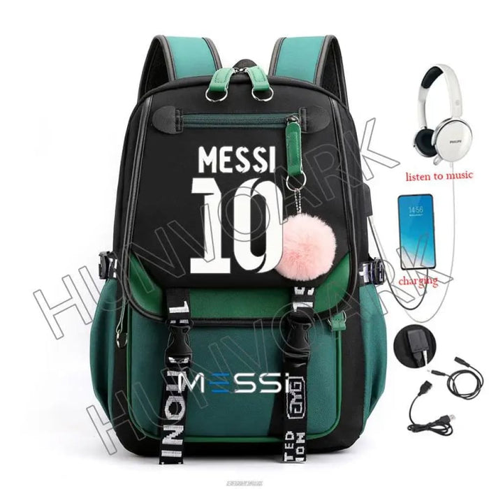 Unisex Messi Usb Charging Laptop School Bag for High Kids