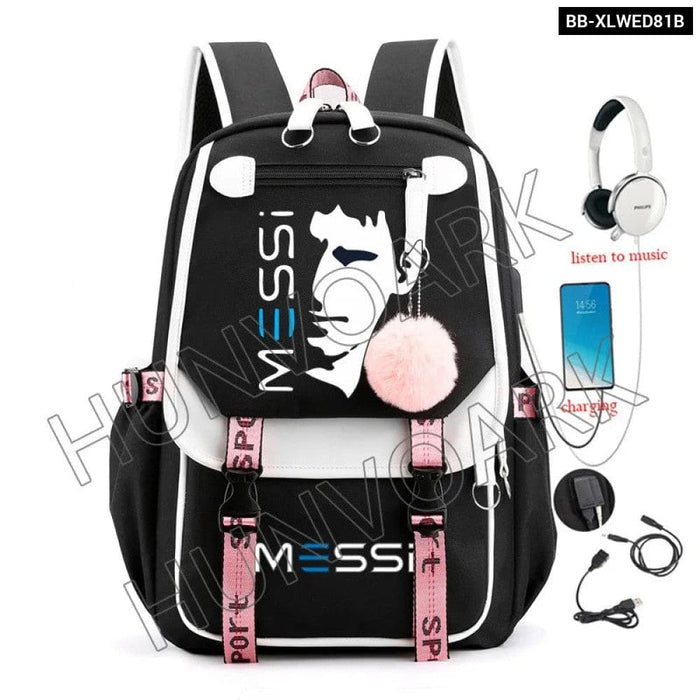 Unisex Messi Usb Charging Laptop School Bag for High Kids