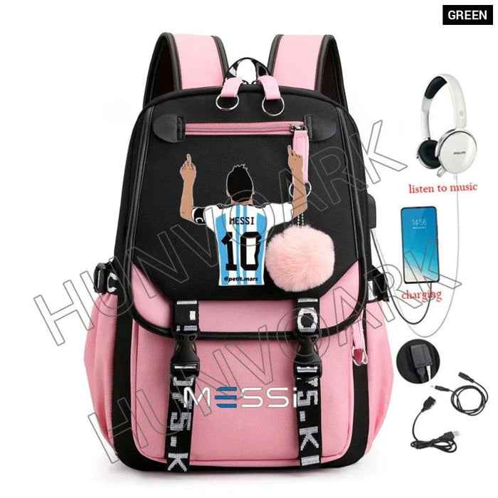 Unisex Messi Usb Charging Laptop School Bag for High Kids