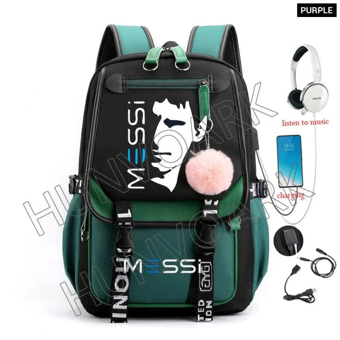 Unisex Messi Usb Charging Laptop School Bag for High Kids