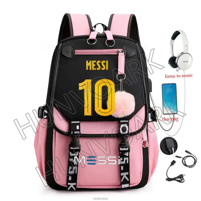 Unisex Messi Usb Charging Laptop School Bag for High Kids