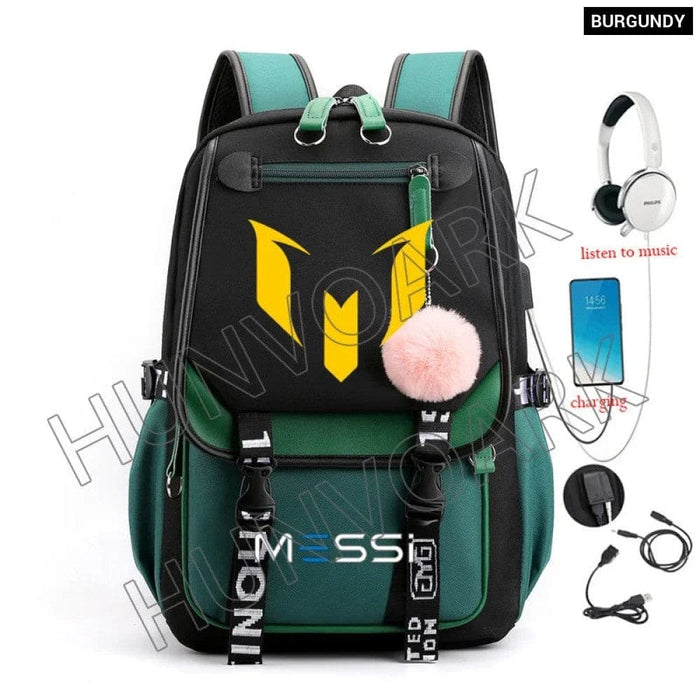 Unisex Messi Usb Charging Laptop School Bag for High Kids