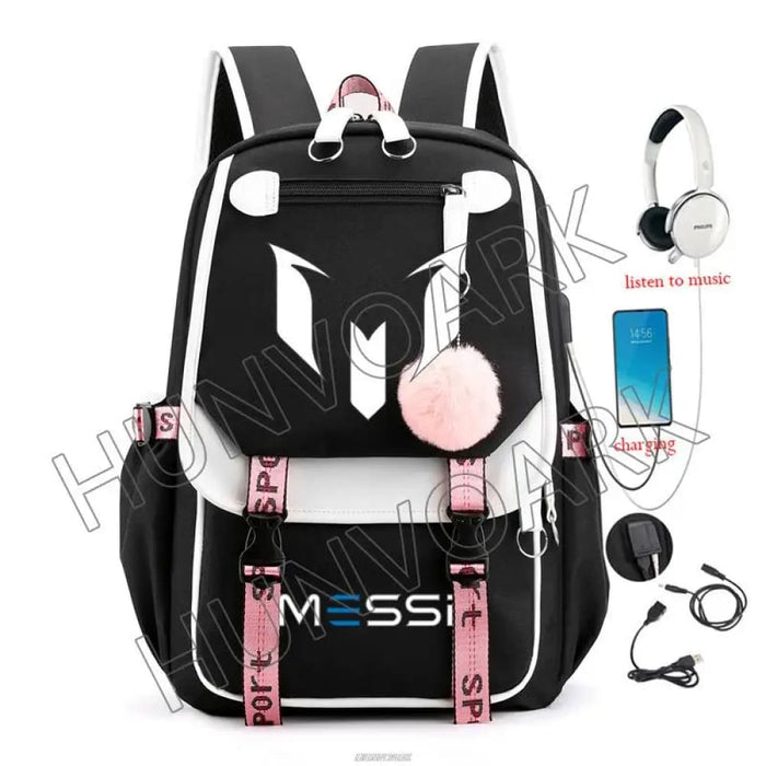 Unisex Messi Usb Charging Laptop School Bag for High Kids