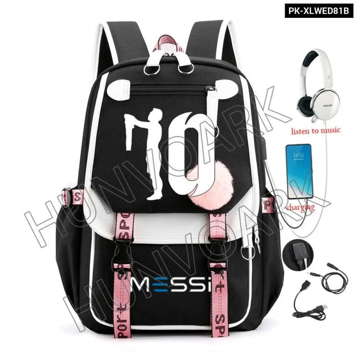 Unisex Messi Usb Charging Laptop School Bag for High Kids