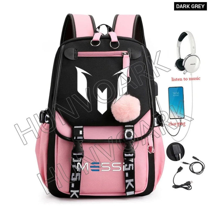 Unisex Messi Usb Charging Laptop School Bag for High Kids