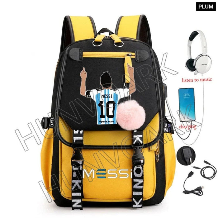 Unisex Messi Usb Charging Laptop School Bag for High Kids
