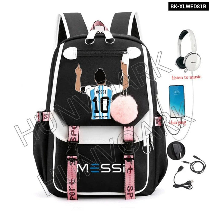 Unisex Messi Usb Charging Laptop School Bag for High Kids