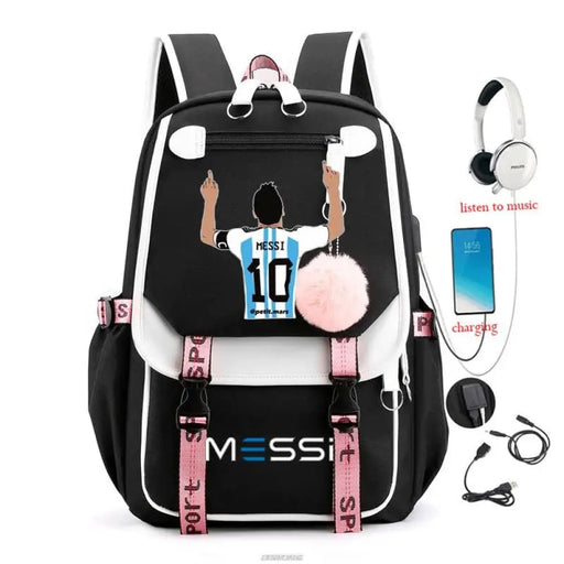 Unisex Messi Usb Charging Laptop School Bag for High Kids
