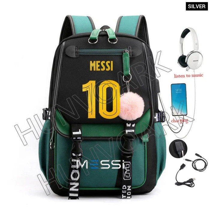 Unisex Messi Usb Charging Laptop School Bag for High Kids