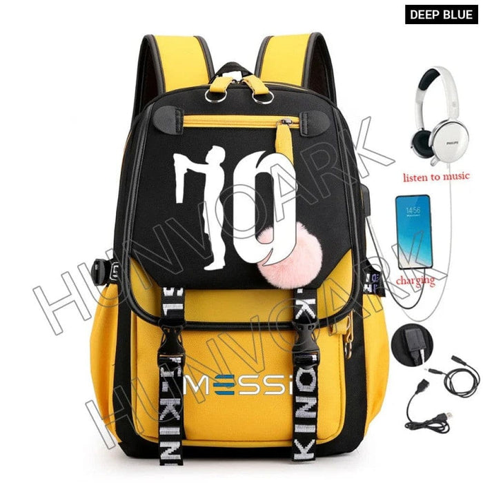Unisex Messi Usb Charging Laptop School Bag for High Kids