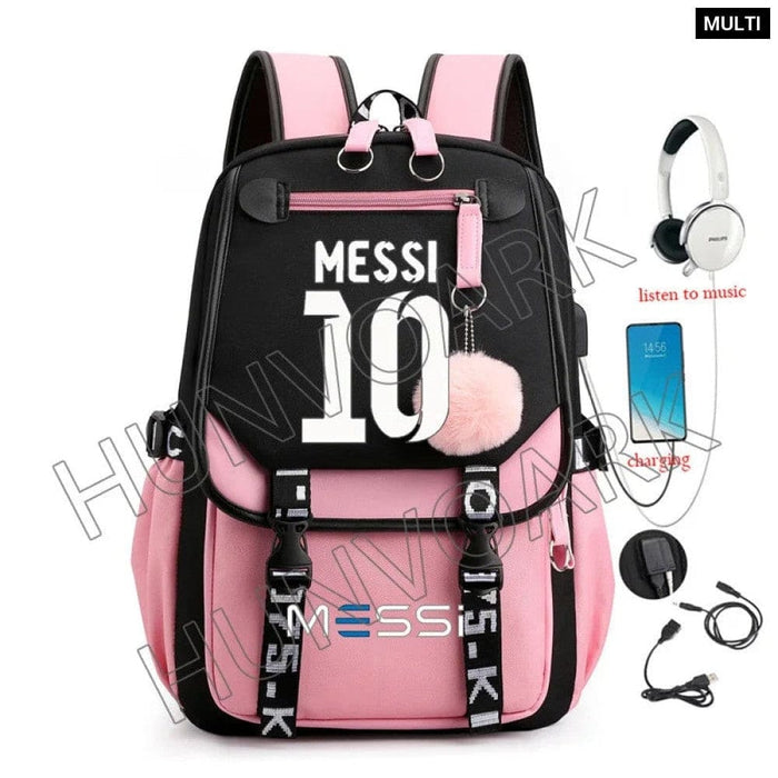 Unisex Messi Usb Charging Laptop School Bag for High Kids