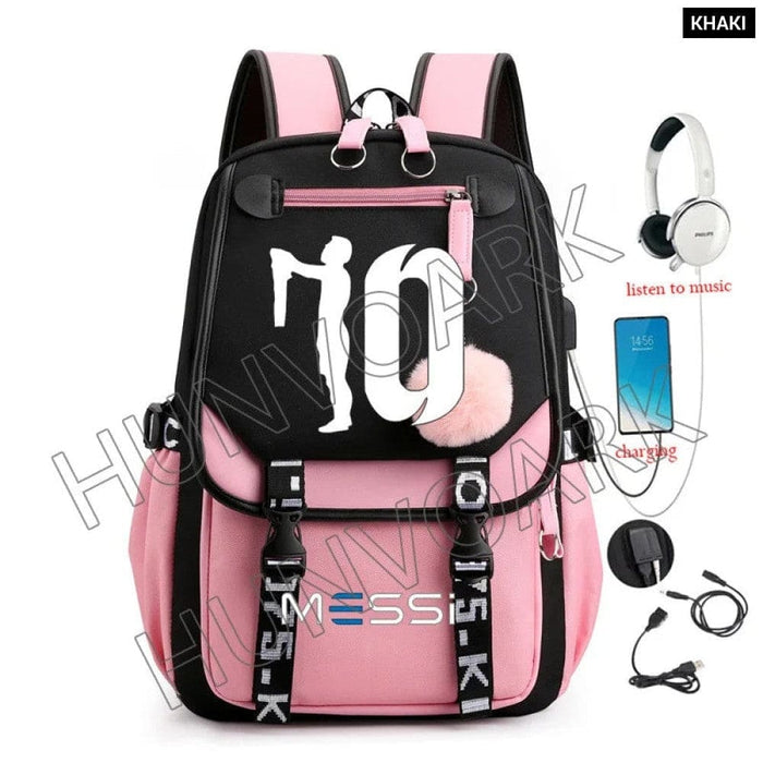 Unisex Messi Usb Charging Laptop School Bag for High Kids