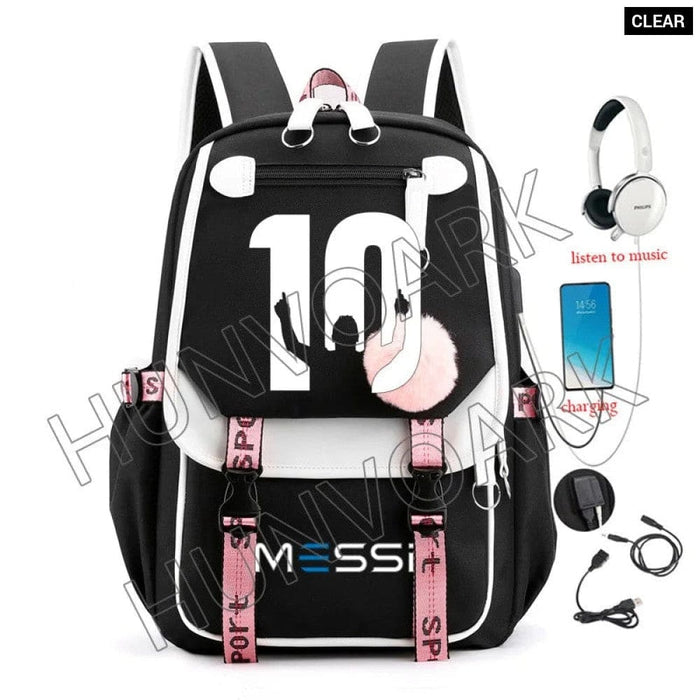 Unisex Messi Usb Charging Laptop School Bag for High Kids