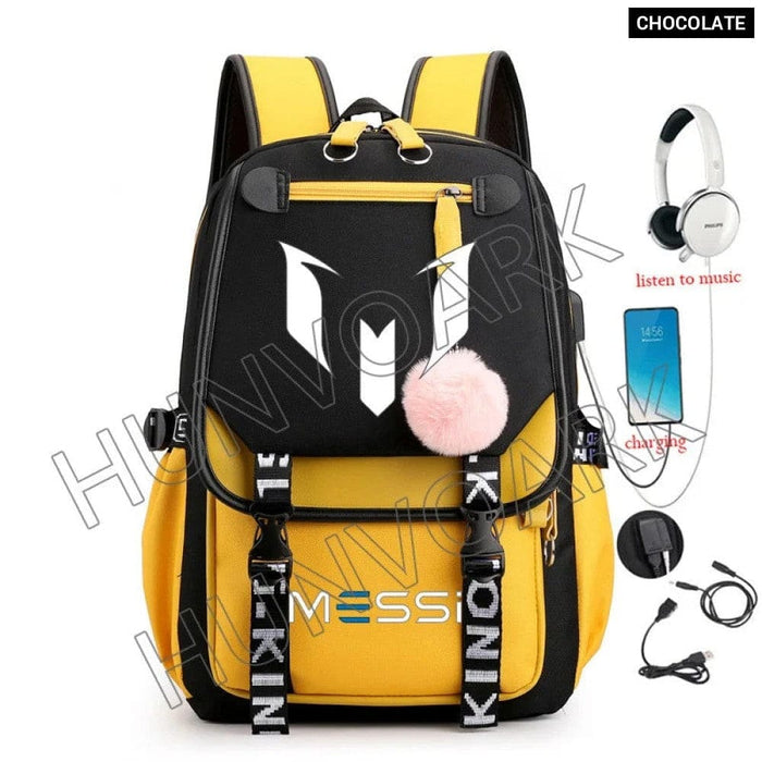 Unisex Messi Usb Charging Laptop School Bag for High Kids