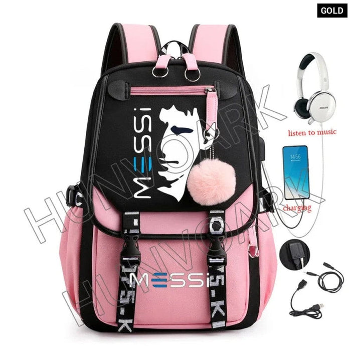 Unisex Messi Usb Charging Laptop School Bag for High Kids