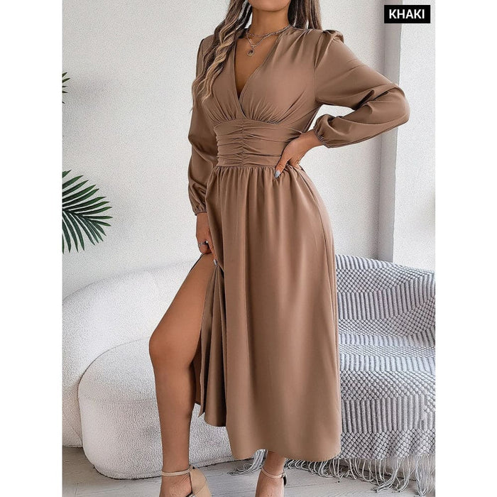 V Neck High Split Long Sleeve Bridesmaid Dress