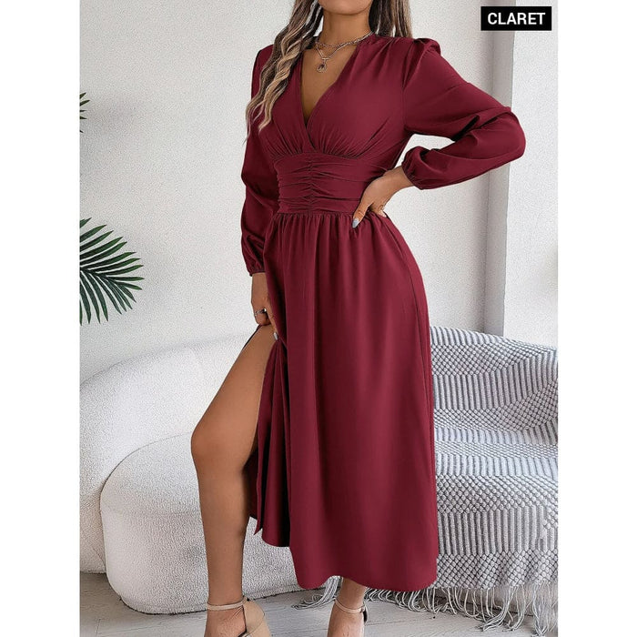 V Neck High Split Long Sleeve Bridesmaid Dress