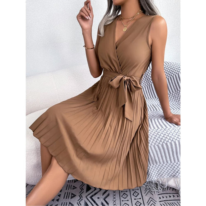 V Neck Sleeveless Pleated Dress for Women