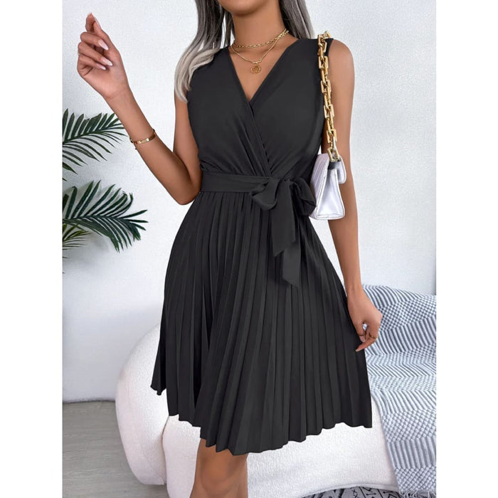 V Neck Sleeveless Pleated Dress for Women