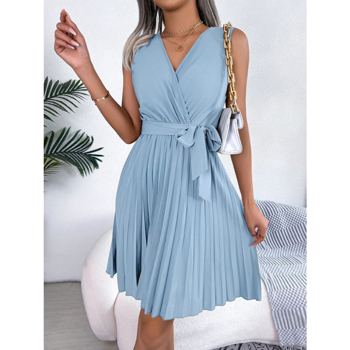V Neck Sleeveless Pleated Dress for Women