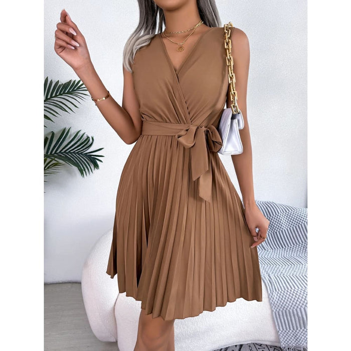 V Neck Sleeveless Pleated Dress for Women