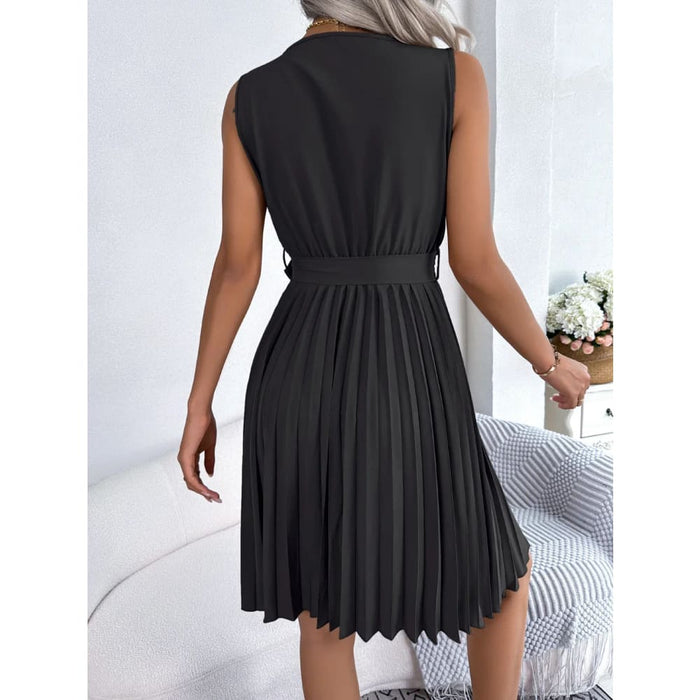 V Neck Sleeveless Pleated Dress for Women