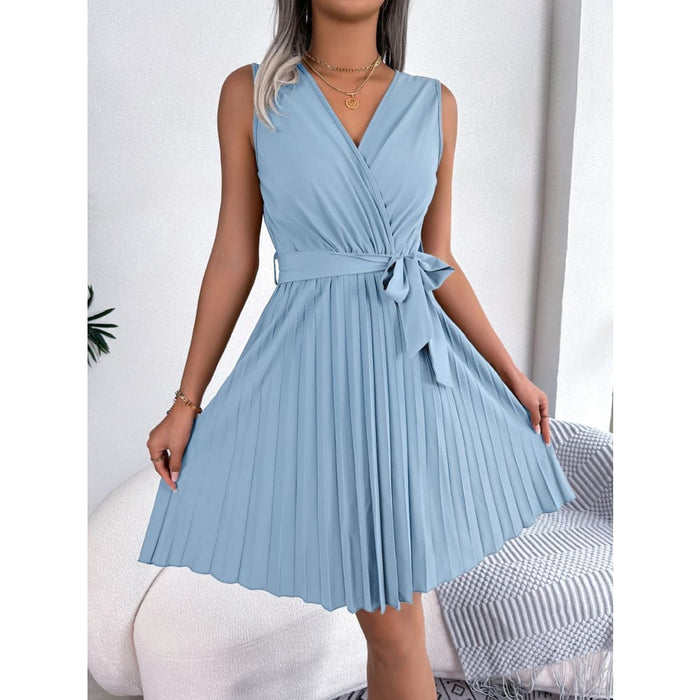 V Neck Sleeveless Pleated Dress for Women