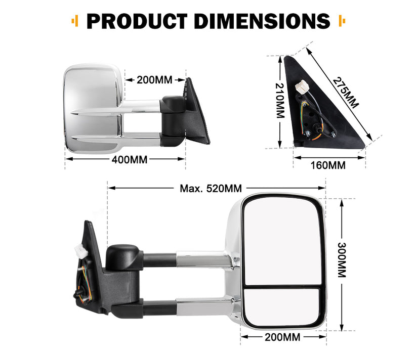 Extendable Towing Mirrors For Toyota Landcruiser 100 Series 1998-2007