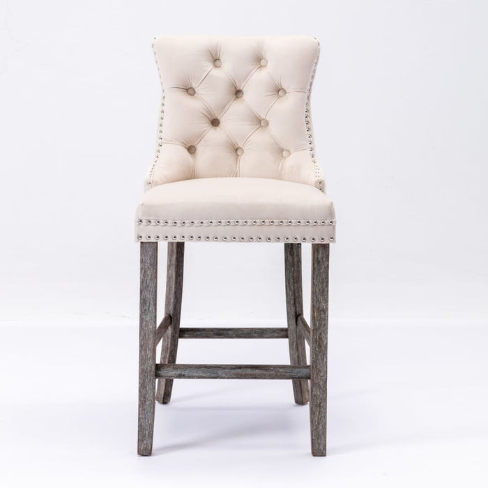 2x Velvet Bar Stools with Studs Trim Wooden Legs Tufted