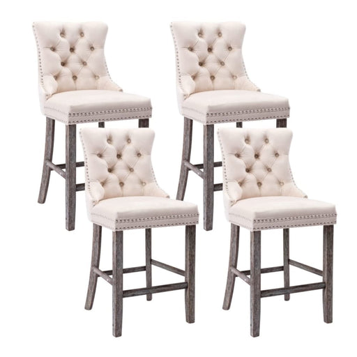 4x Velvet Bar Stools with Studs Trim Wooden Legs Tufted