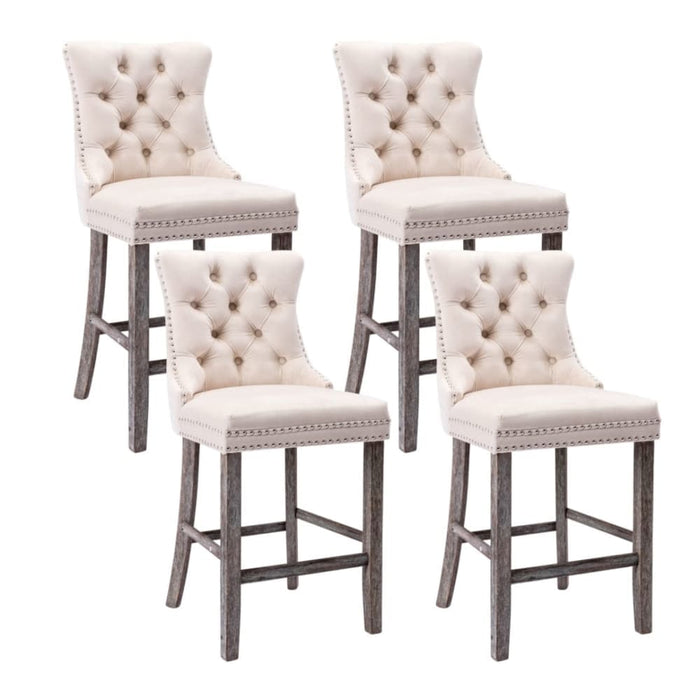 4x Velvet Bar Stools with Studs Trim Wooden Legs Tufted