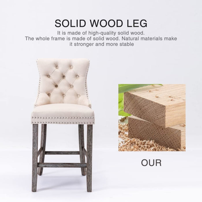 2x Velvet Bar Stools with Studs Trim Wooden Legs Tufted