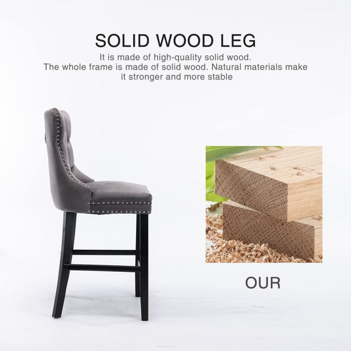 2x Velvet Bar Stools with Studs Trim Wooden Legs Tufted