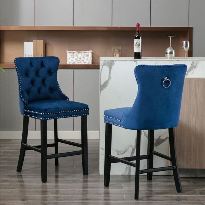 2x Velvet Bar Stools With Studs Trim Wooden Legs Tufted