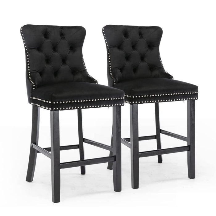 4x Velvet Bar Stools with Studs Trim Wooden Legs Tufted