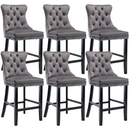 6x Velvet Bar Stools with Studs Trim Wooden Legs Tufted