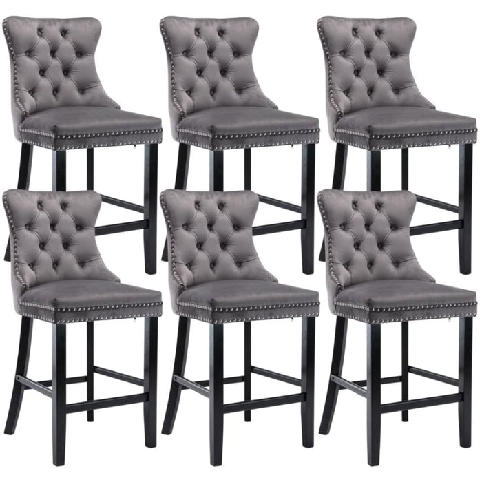 6x Velvet Bar Stools with Studs Trim Wooden Legs Tufted