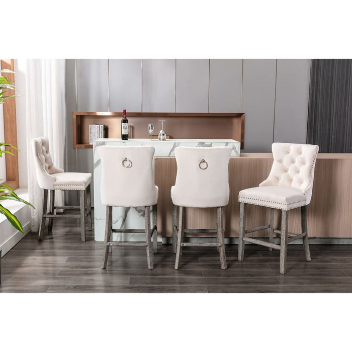 2x Velvet Bar Stools with Studs Trim Wooden Legs Tufted