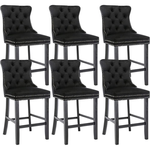 6x Velvet Bar Stools with Studs Trim Wooden Legs Tufted
