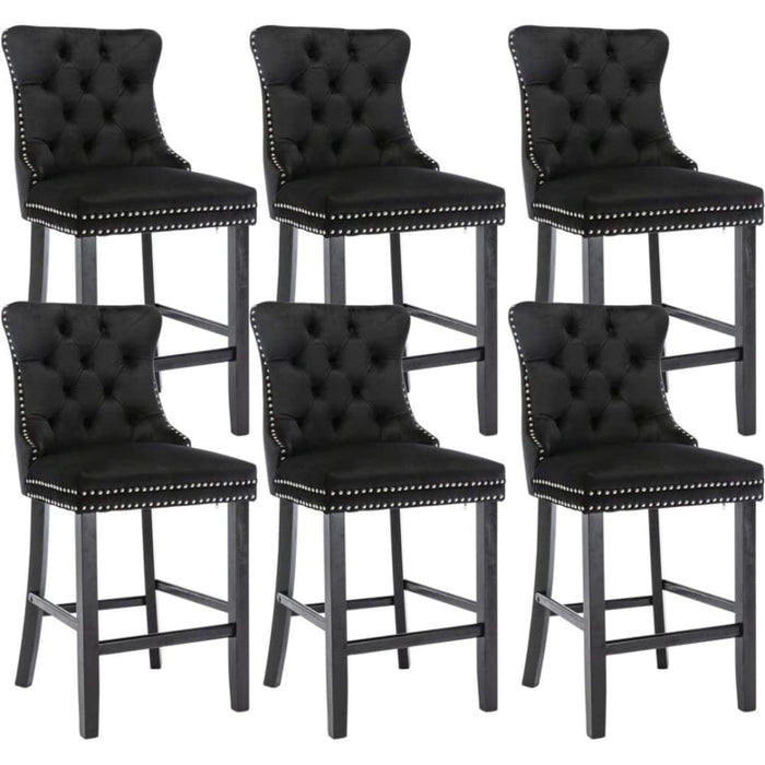 6x Velvet Bar Stools with Studs Trim Wooden Legs Tufted